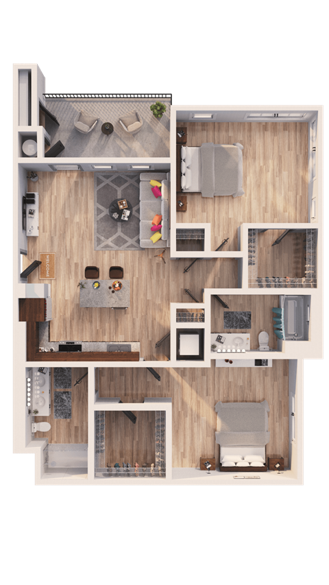 Floor plan for 2 beds, 2 baths, 1040 sqft